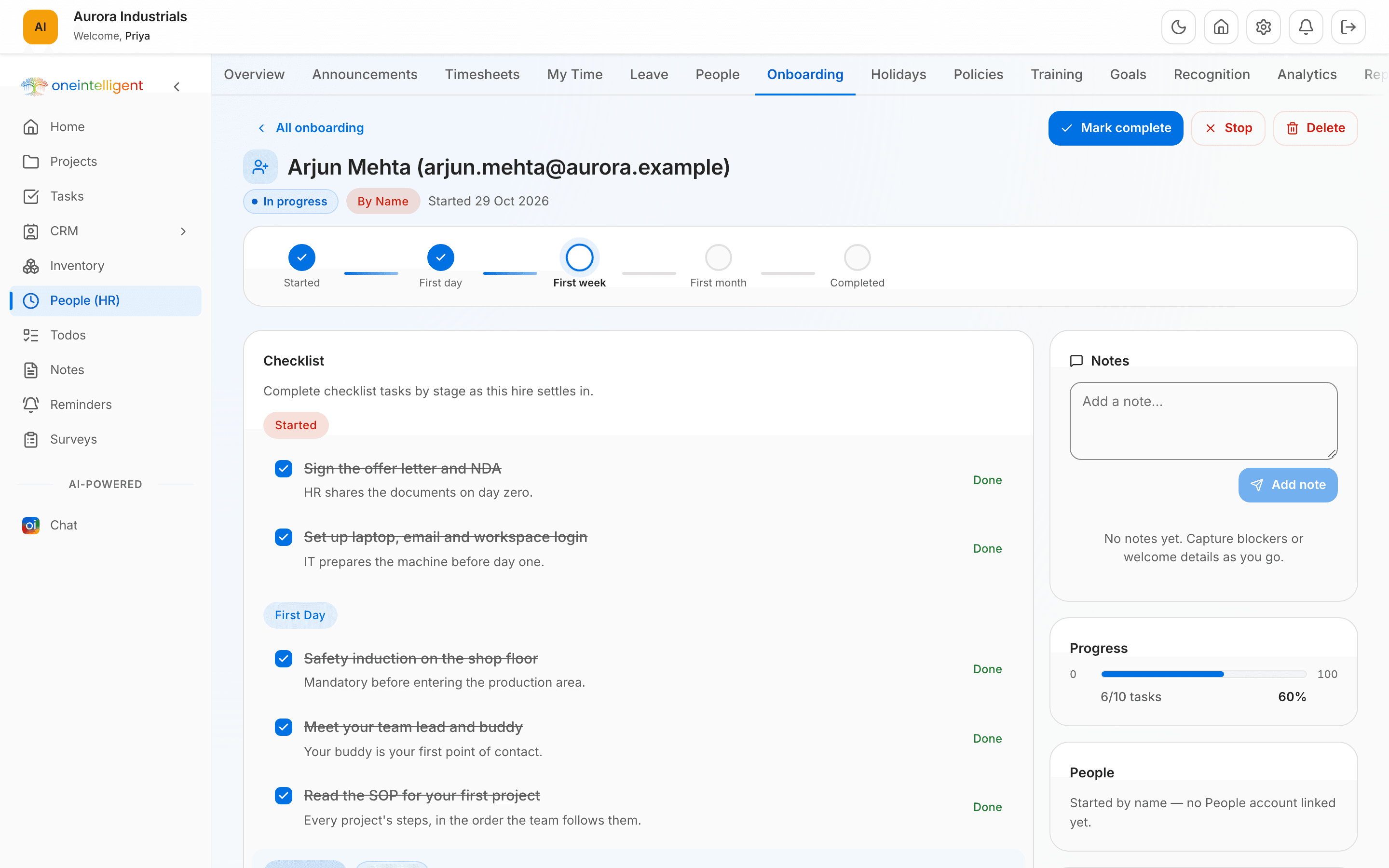 People (HR) · Onboarding in Oneintelligent, with demo data