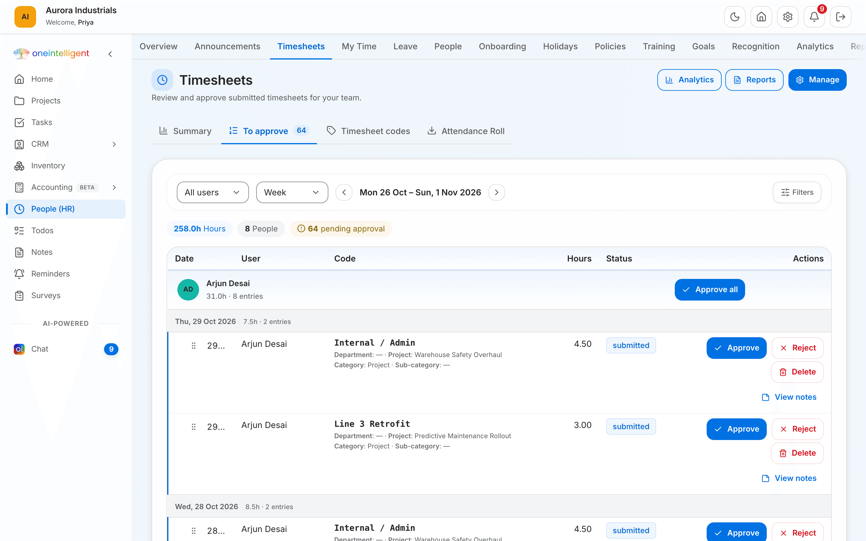 People (HR) · Timesheets to approve in Oneintelligent, with demo data