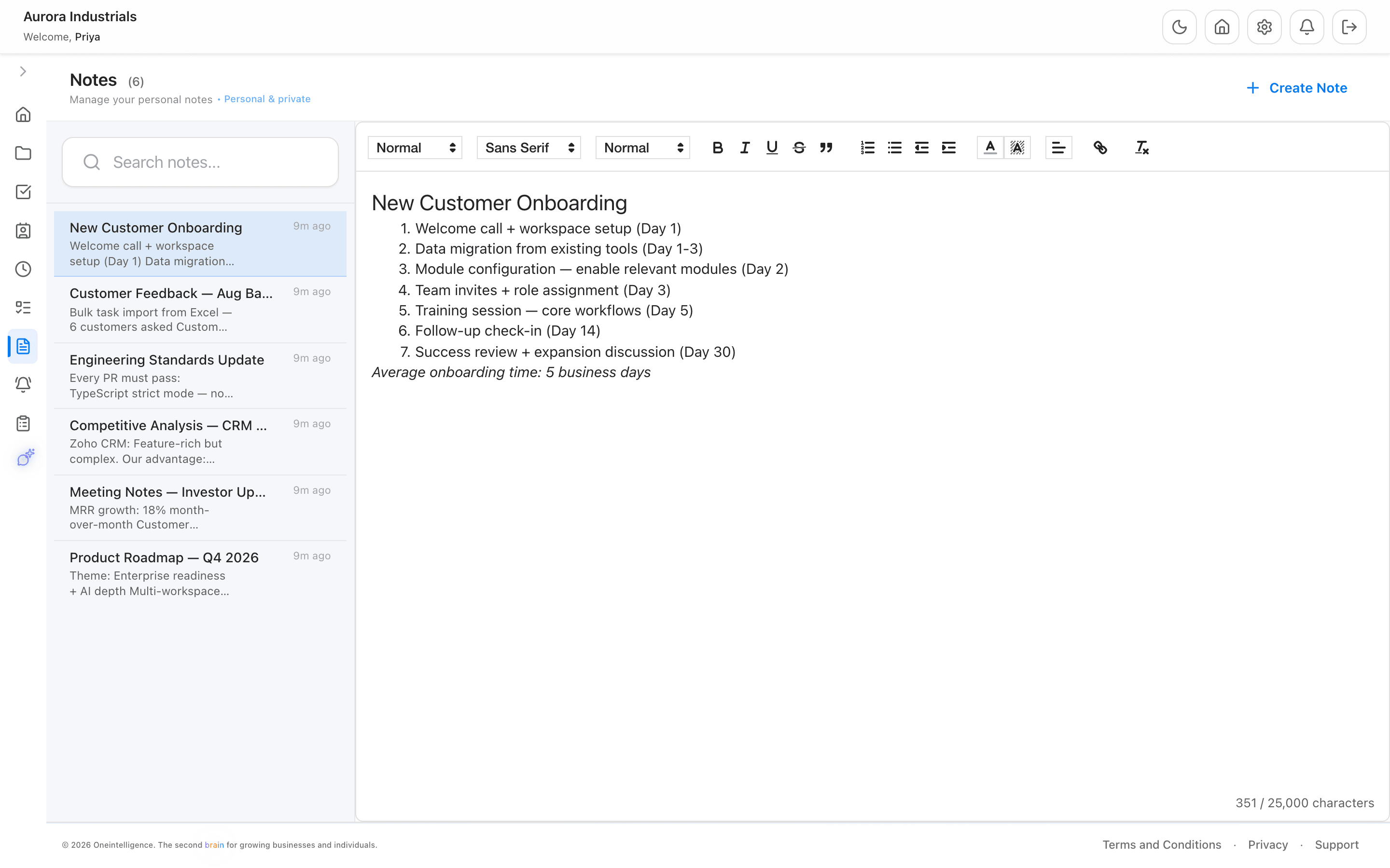 Notes in Oneintelligent, with demo data