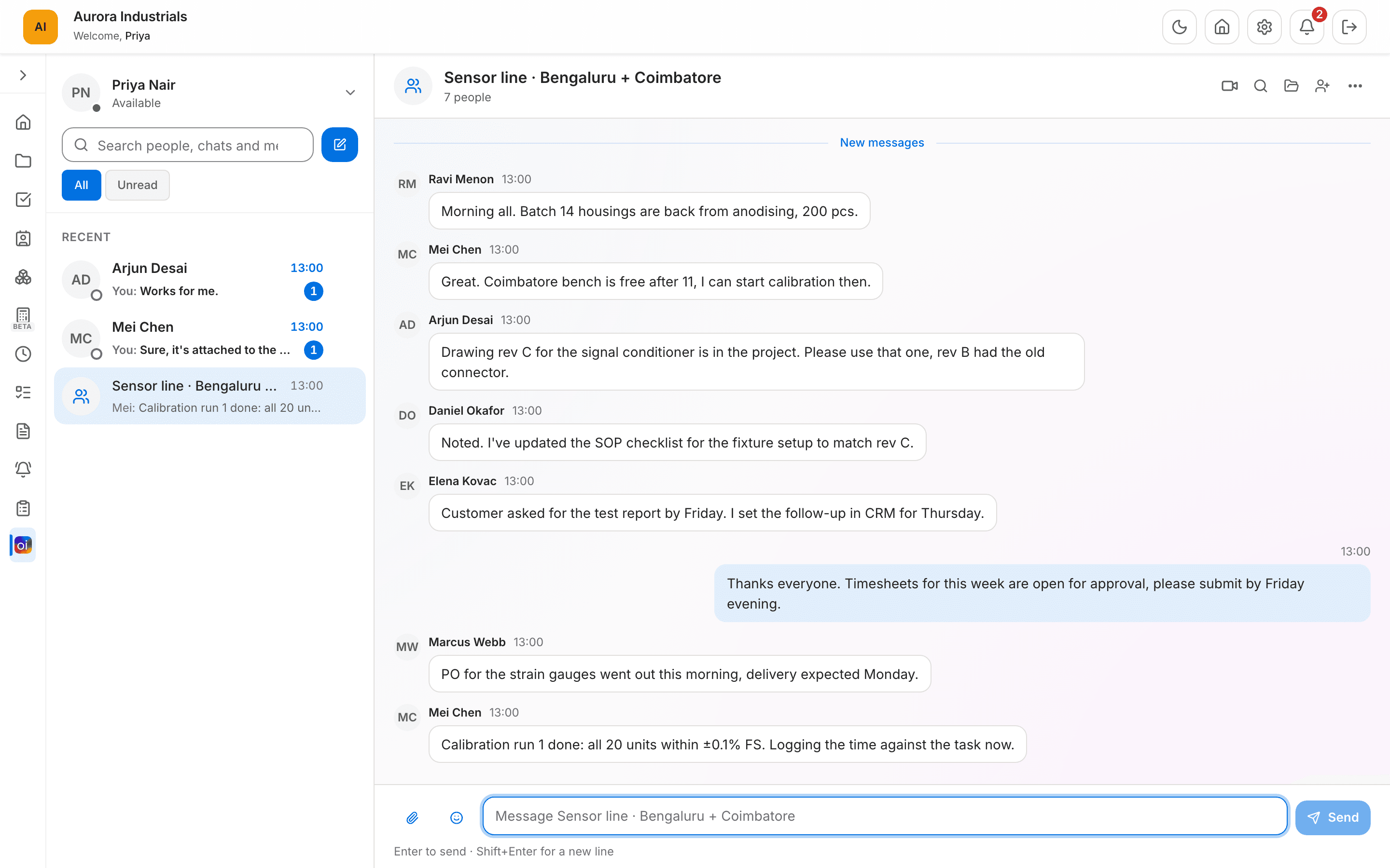 OneTeam · Group chat in Oneintelligent, with demo data