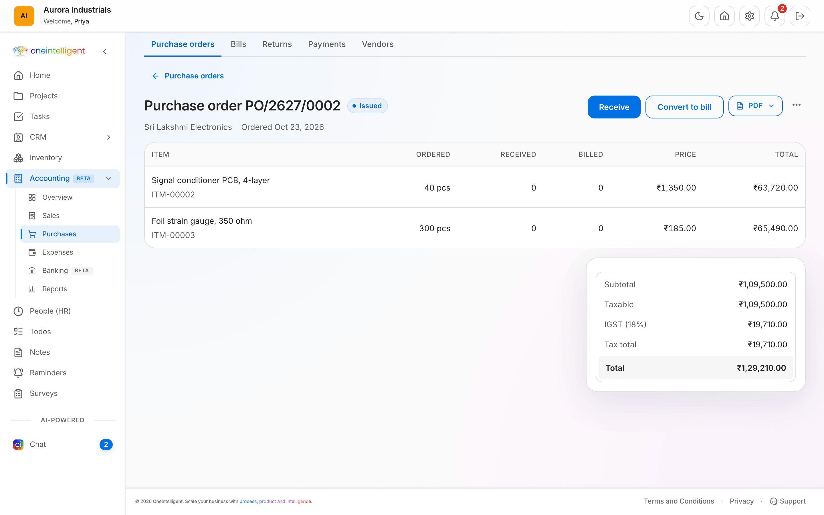 Accounting · Purchase order in Oneintelligent, with demo data