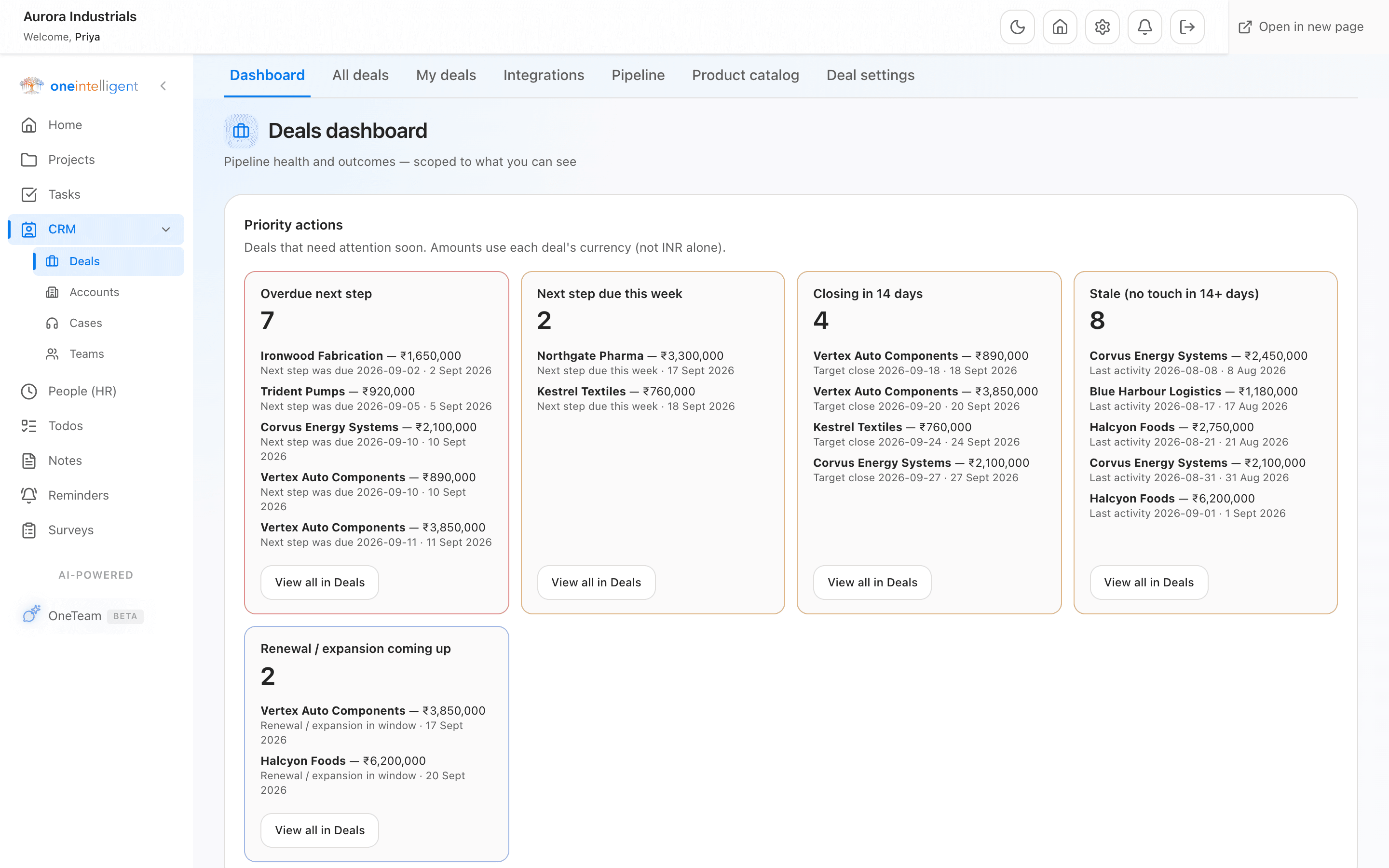 CRM · Deals in Oneintelligent, with demo data