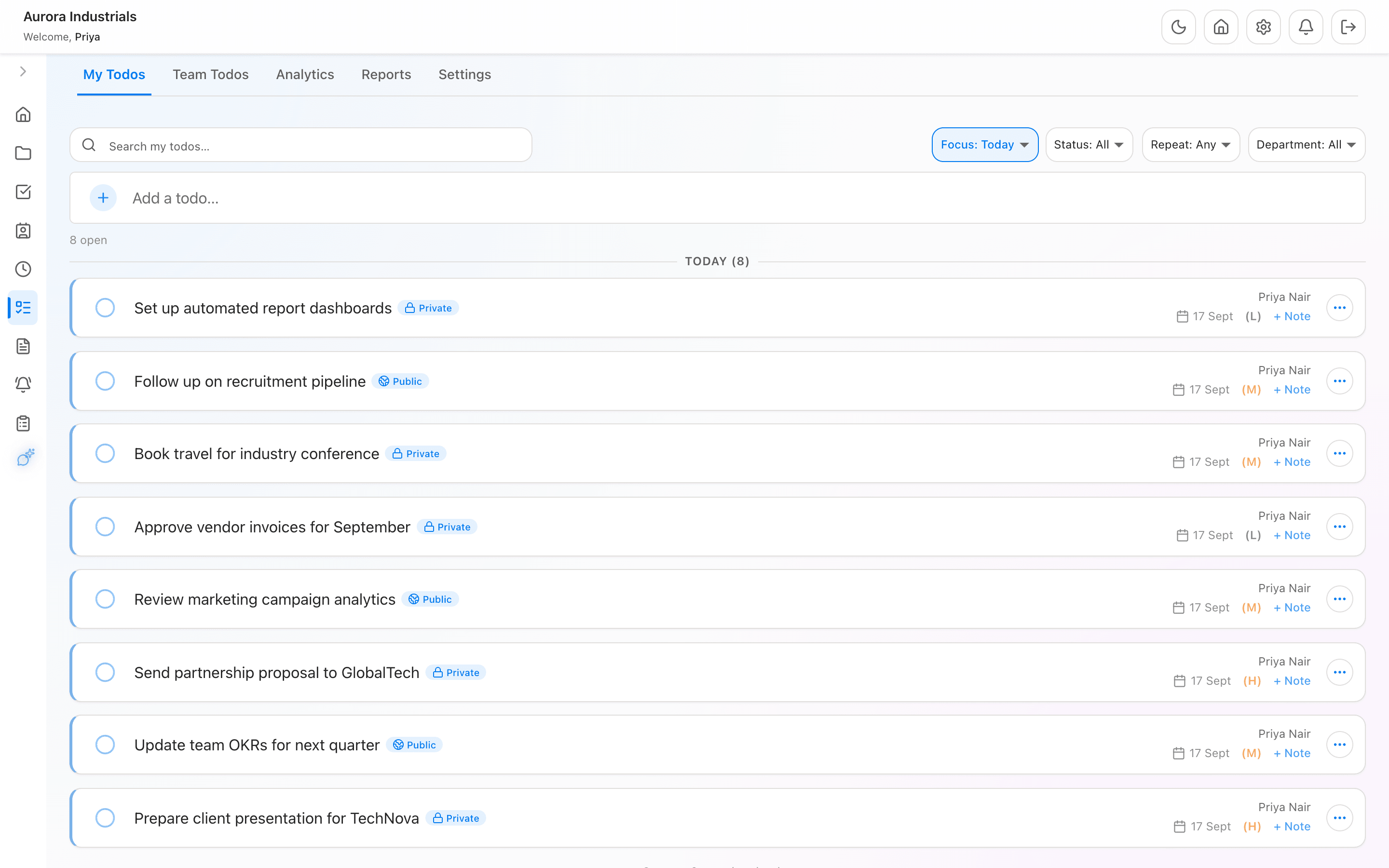 Todos in Oneintelligent, with demo data